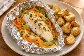Basa parcels with garlic potatoes